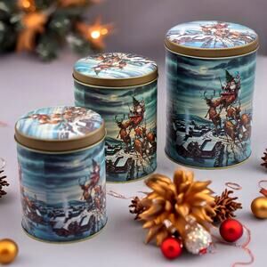 Set Of 3 Santa Reindeer Nesting Tins Christmas Holiday Storage Cookie Containers